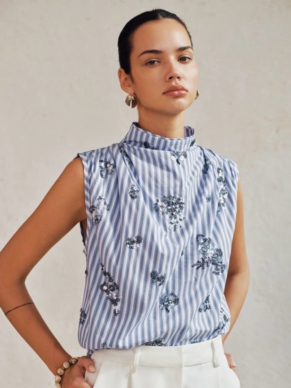NEW Commense Blue and White Striped Mock-Neck Sequin Sleeveless Top